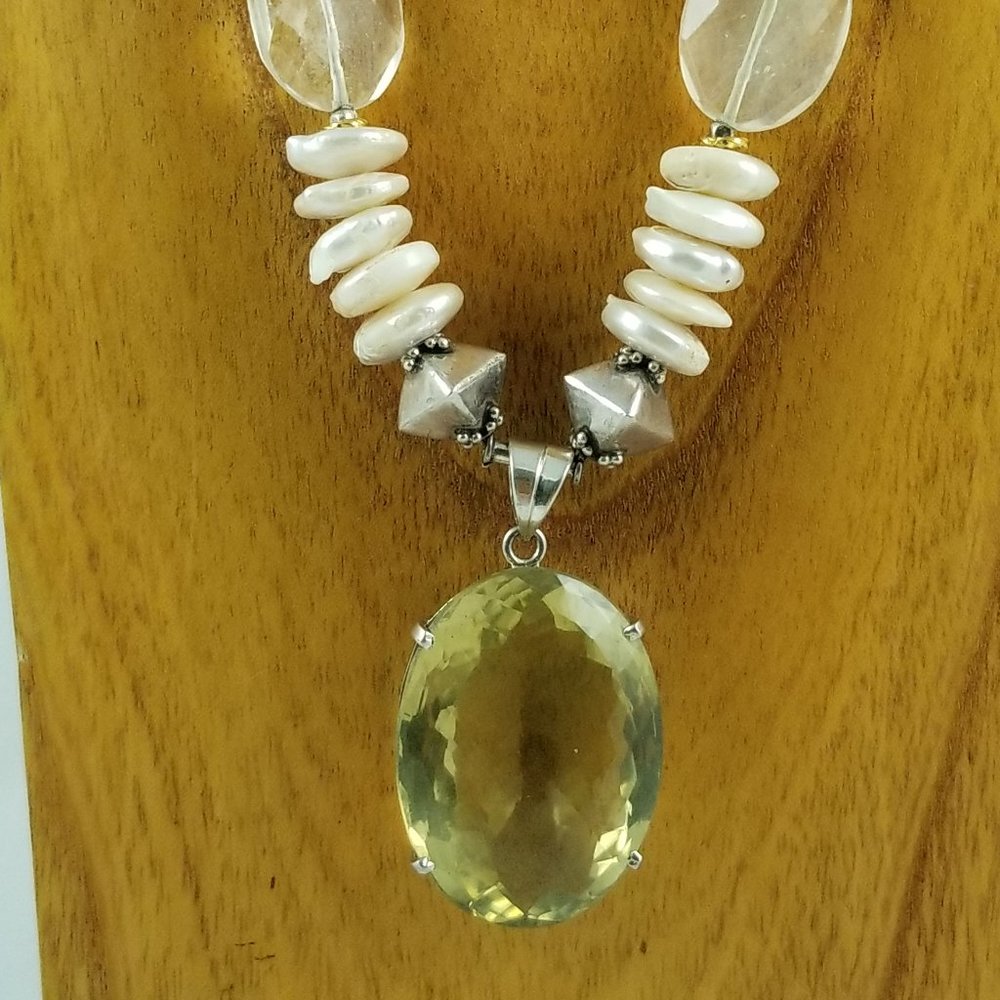 Pearl & Quartz w/Large Citrine Pendant Necklace - Picture 2 of 5